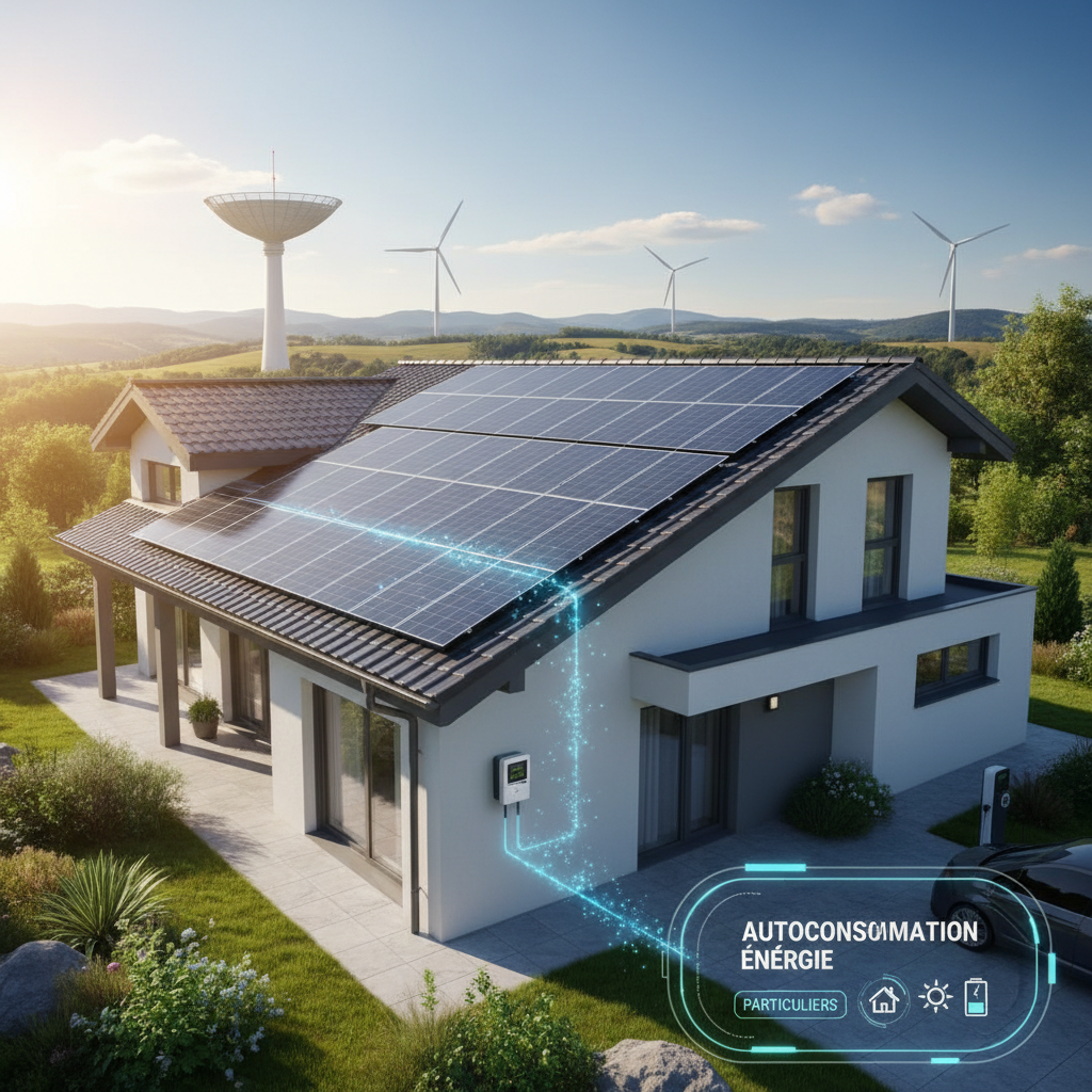 Une installation de panneaux solaires sur un toit résidentiel, illustrant l'autoconsommation d'énergie pour les particuliers.