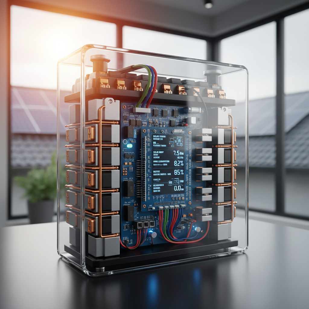 Détail d'une batterie solaire moderne, montrant ses composants internes et son système de gestion des énergies. Cette image technique mettra en avant la conception avancée des batteries, leur efficacité et leur rôle crucial dans la gestion de l'énergie solaire à domicile.