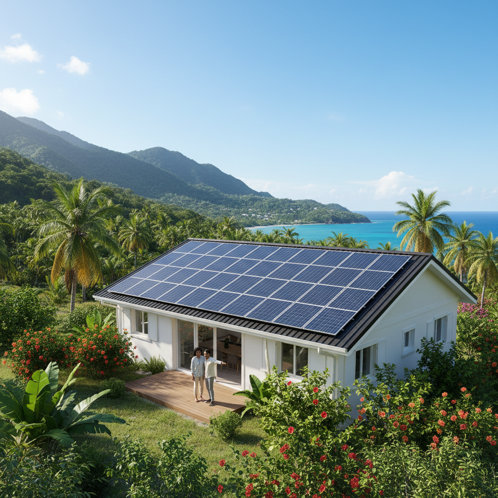 Photo professionnelle d'une maison en Guadeloupe équipée de panneaux solaires, entourée de la nature luxuriante locale. La scène montre un ciel bleu et ensoleillé, illustrant l'importance du solaire dans cette région. Le panorama met en avant l'intégration de l'énergie solaire dans le quotidien des habitants, offrant une vision inspirante de l'avenir énergétique des îles.