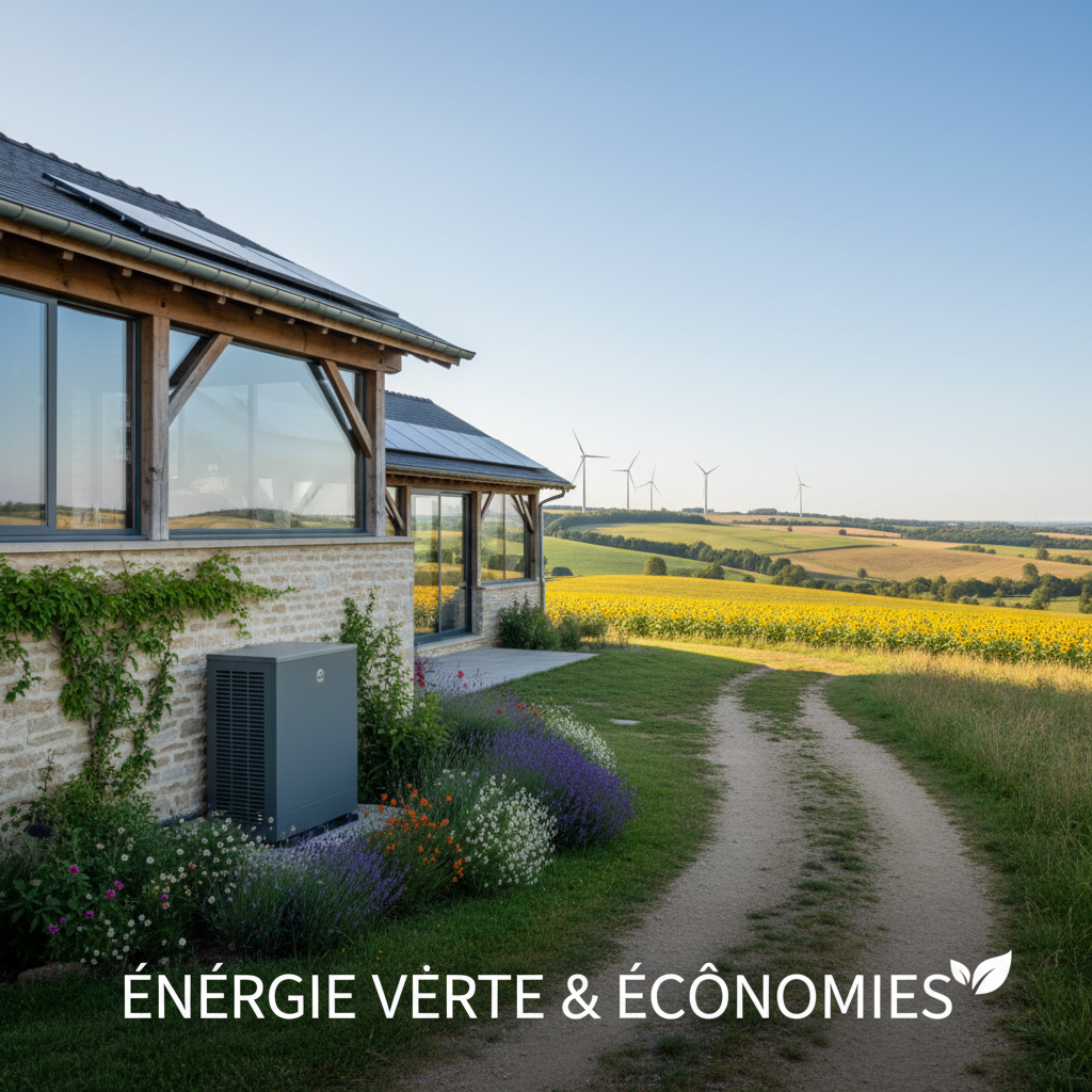 Une vue panoramique d'une maison équipée d'une pompe à chaleur au milieu d'un paysage français. L'image montre le système extérieur qui s'intègre harmonieusement dans le cadre. Cette modernité met en avant l'engagement pour une énergie verte et des économies sur les factures d'énergie.