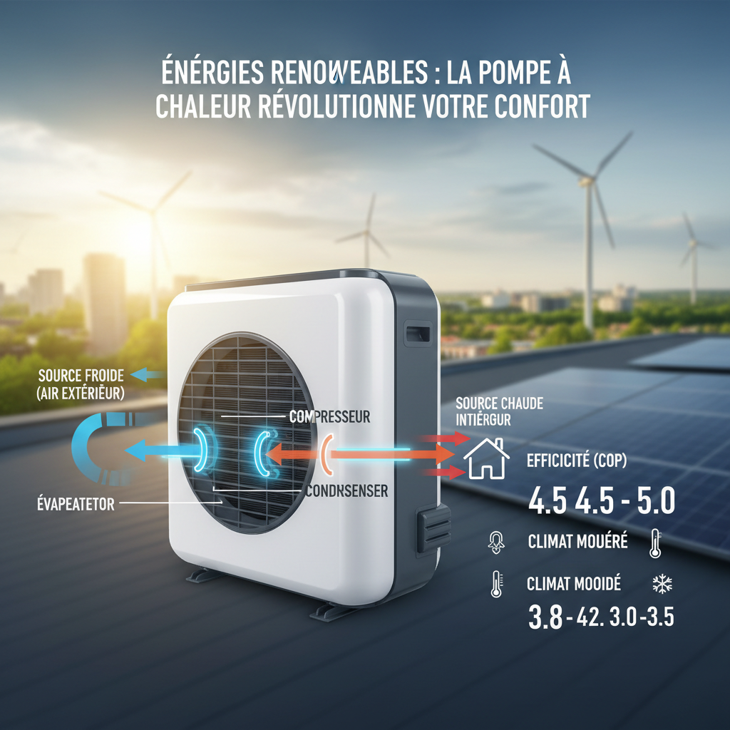 GROS PLAN d'une pompe à chaleur avec des explications sur son fonctionnement. Les différents composants de la PAC sont mis en valeur, ainsi que les chiffres montrent l’efficacité de l'appareil sous différents climats.