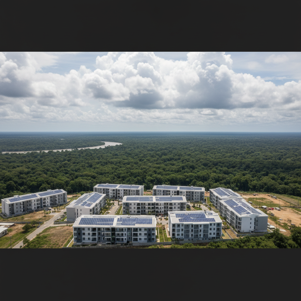 Une vue panoramique aérienne montrant des résidences modernes à Cayenne et Matoury, équipées de toitures photovoltaïques bleutées sous un ciel chargé de nuages tropicaux massifs, avec la forêt amazonienne dense en arrière-plan et une lumière équatoriale diffuse.