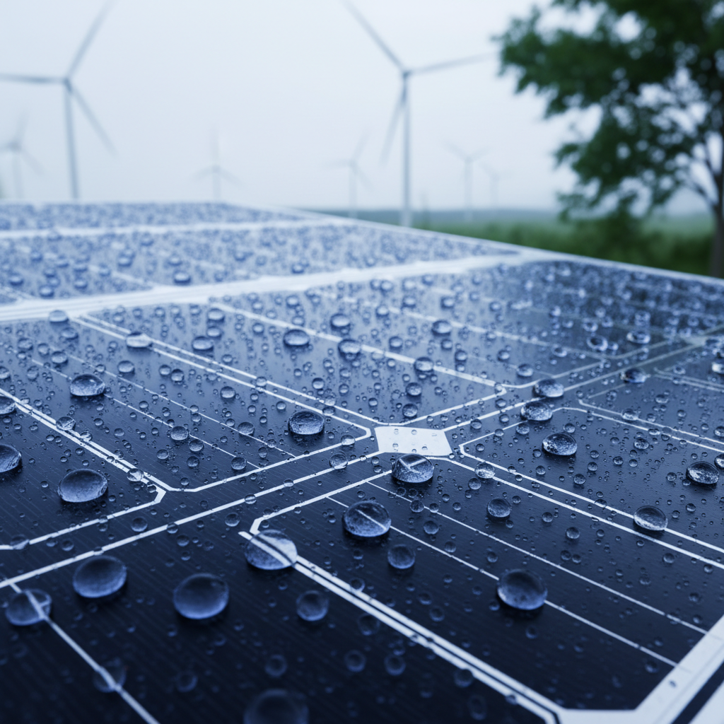 Un gros plan technique sur une cellule photovoltaïque monocristalline PERC recouverte de gouttelettes d'eau, illustrant le phénomène de refroidissement par la pluie et la captation de la lumière bleutée diffuse à travers les nuages.