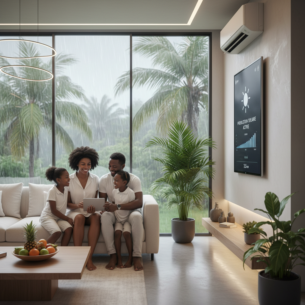 Une famille guyanaise souriante dans son salon climatisé d'une villa à Mana, pendant qu'une averse tropicale est visible par la fenêtre, un écran de contrôle mural affichant une production solaire active malgré la pluie.