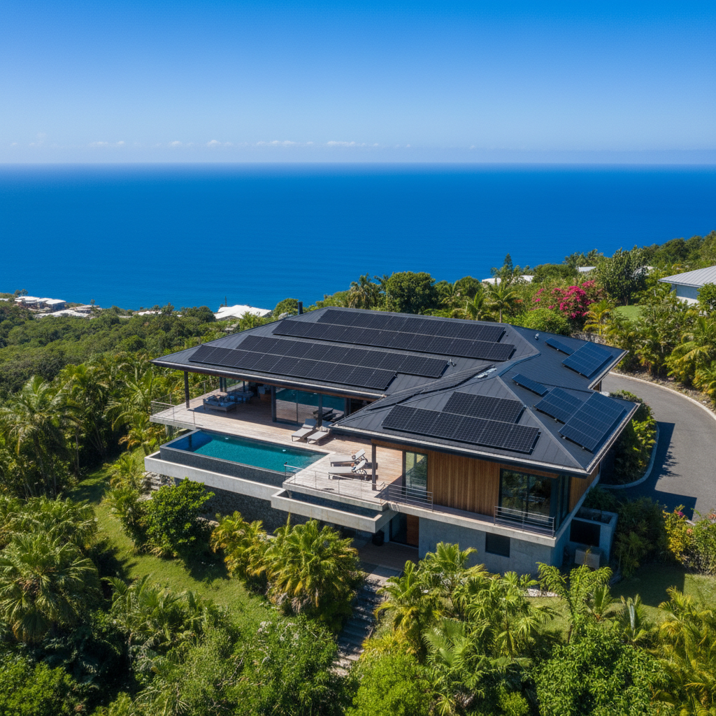 Une vue panoramique aérienne d'une villa moderne située sur les hauteurs de la Réunion, surplombant l'océan Indien, dont la toiture est intégralement recouverte de panneaux photovoltaïques monocristallins noirs captant la lumière intense du soleil tropical sous un ciel azur parfaitement dégagé.