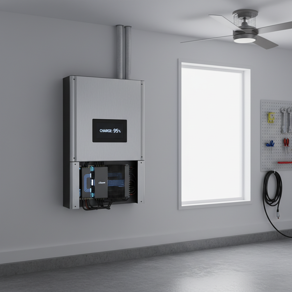 Une unité de stockage d'énergie murale haute performance aux finitions aluminium brossé, installée dans un garage ventilé, montrant un écran digital indiquant un taux de charge de 95% et un onduleur hybride intelligent gérant les flux d'énergie en temps réel.