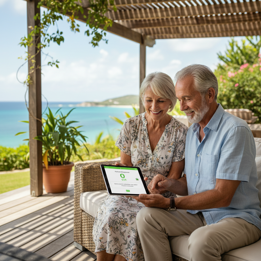 Un couple de retraités souriants en Martinique, installés sur leur terrasse ombragée, consultant leur tablette affichant une application de domotique montrant une facture d'électricité à 0 euro grâce à leur installation solaire avec stockage nocturne.