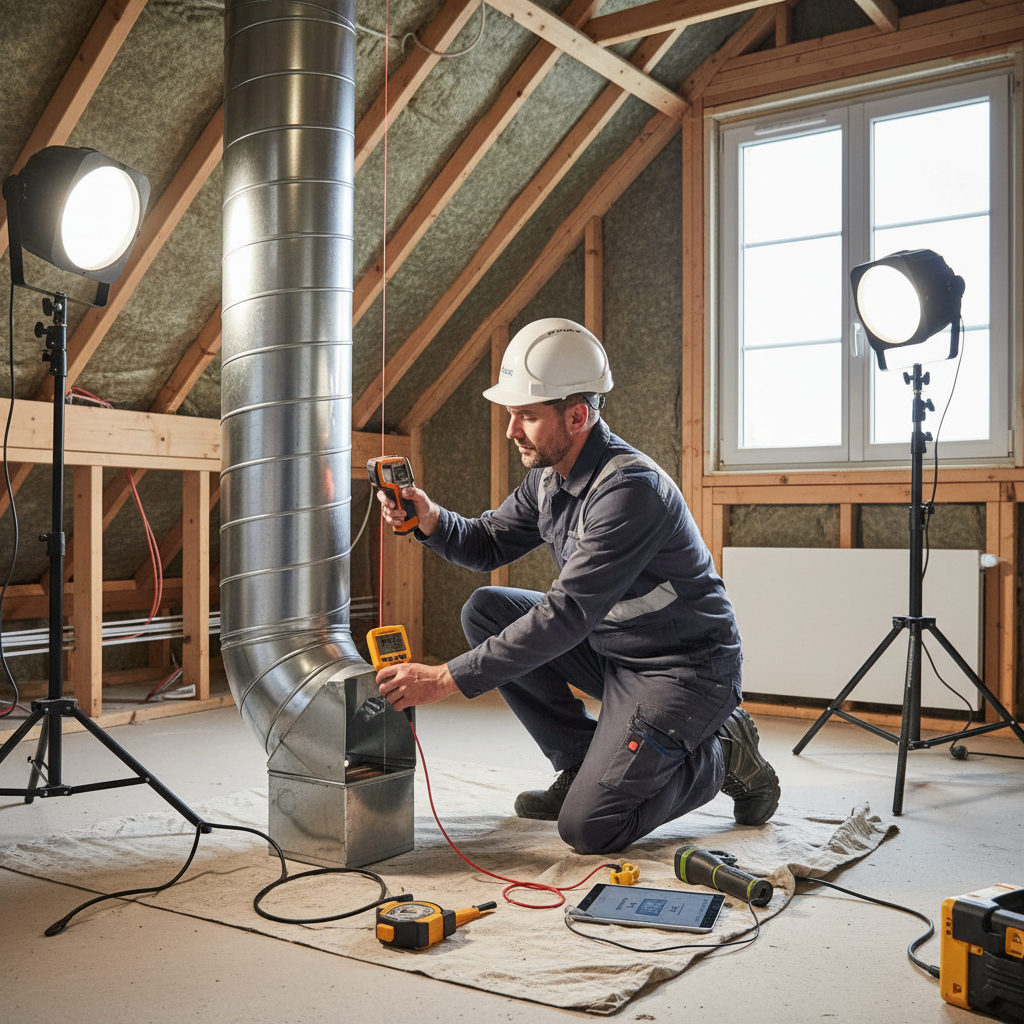 Un technicien spécialisé, équipé de son matériel de mesure laser et d'un testeur de débit d'air, vérifiant l'étanchéité des gaines de ventilation dans un pavillon en cours de rénovation globale sous les normes RE2020.