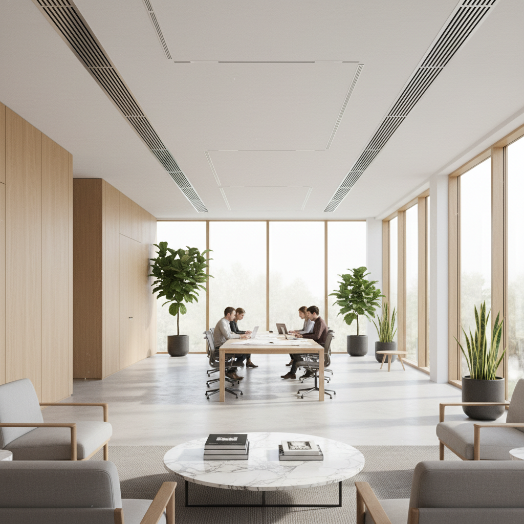 Une vue panoramique d'un intérieur d'architecte moderne et lumineux, où l'on aperçoit discrètement des bouches de ventilation design parfaitement intégrées au plafond, soulignant une atmosphère saine, purifiée et baignée de lumière naturelle printanière.