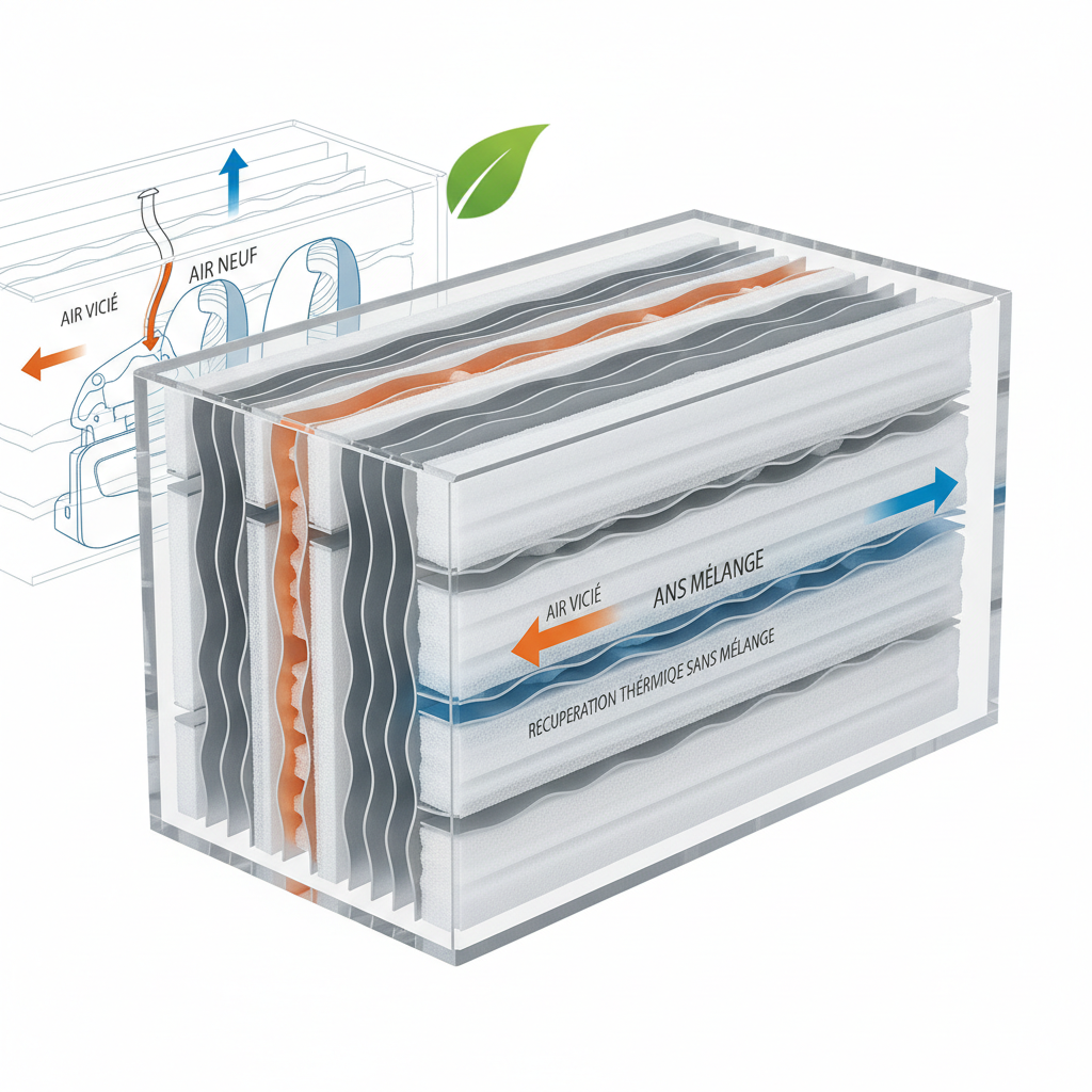 Gros plan technique sur un échangeur de chaleur à plaques haute performance d'une VMC double flux, montrant les couches de filtration fine et la structure alvéolaire permettant la récupération d'énergie thermique sans mélange des flux d'air.