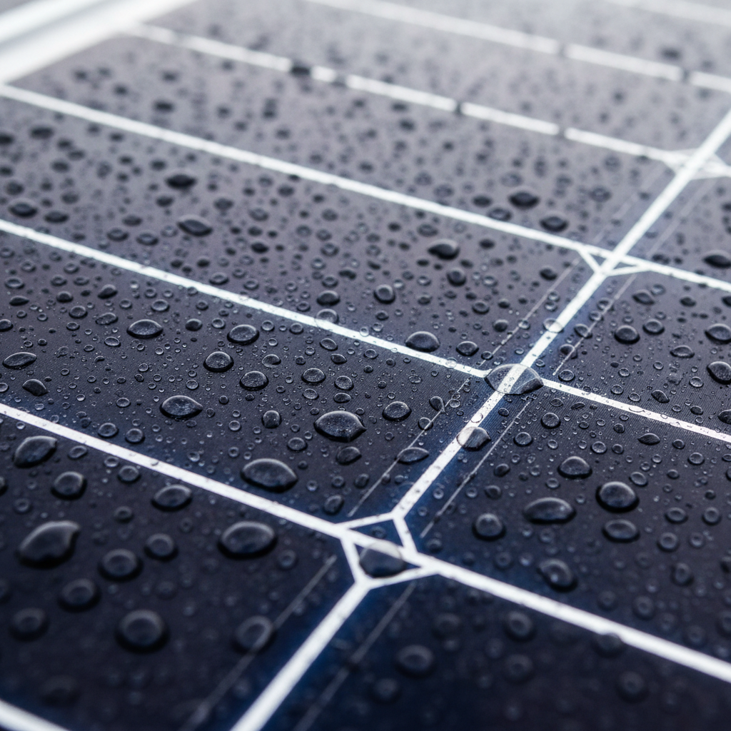 Gros plan macro sur la surface d'un panneau solaire de type mono-cristallin recevant des gouttes de pluie, montrant la texture des cellules captant la lumière indirecte à travers l'humidité ambiante, symbole de la performance technologique en milieu humide.