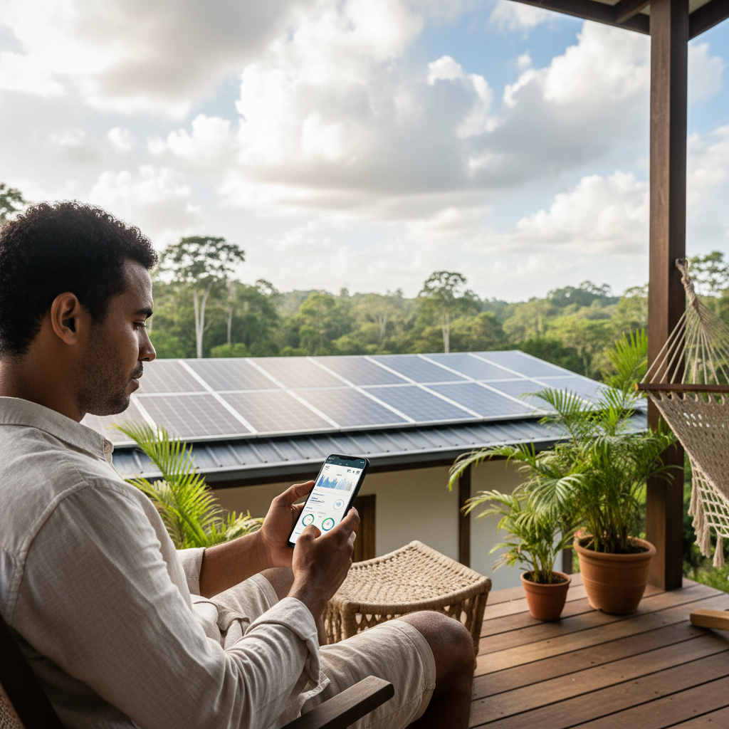 Un propriétaire en Guyane consultant son application de domotique énergétique sur une terrasse ombragée, avec en arrière-plan ses panneaux solaires orientés vers un ciel lumineux mais nuageux, illustrant la maîtrise de la consommation en temps réel.