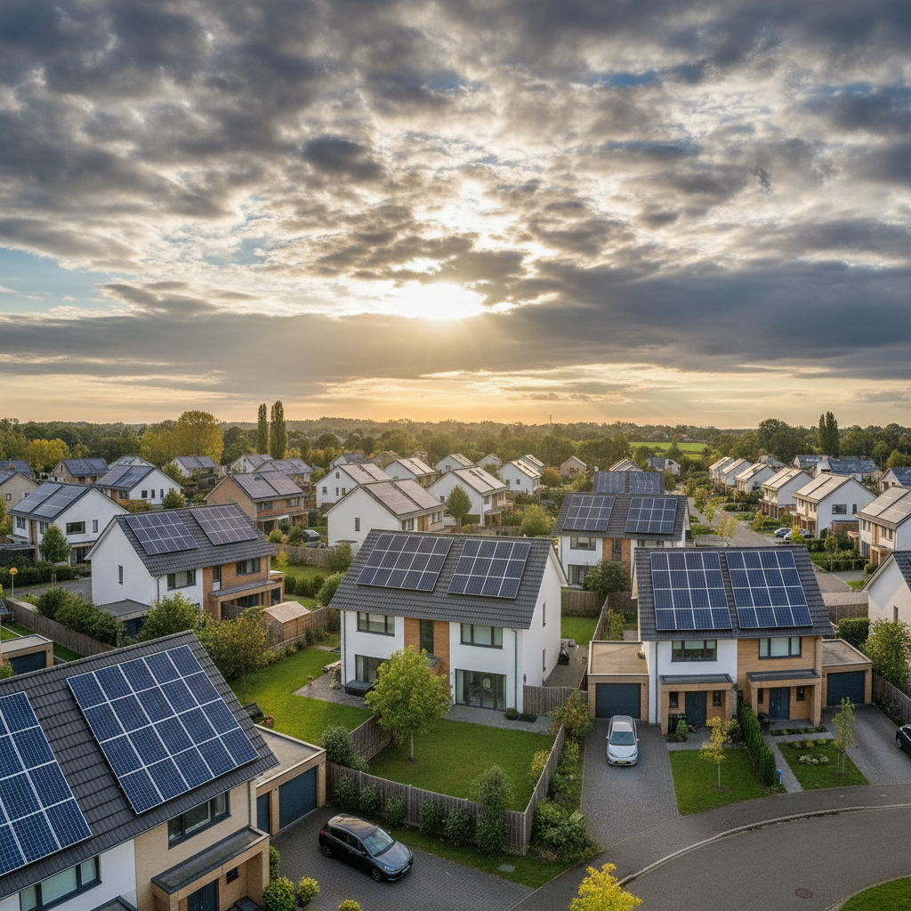 Une vue panoramique d'un quartier pavillonnaire sous un ciel de traîne alternant nuages épais et percées de lumière, où les toitures équipées de panneaux photovoltaïques captent la luminosité diffuse pour illustrer la continuité de la production énergétique malgré l'aléa climatique.