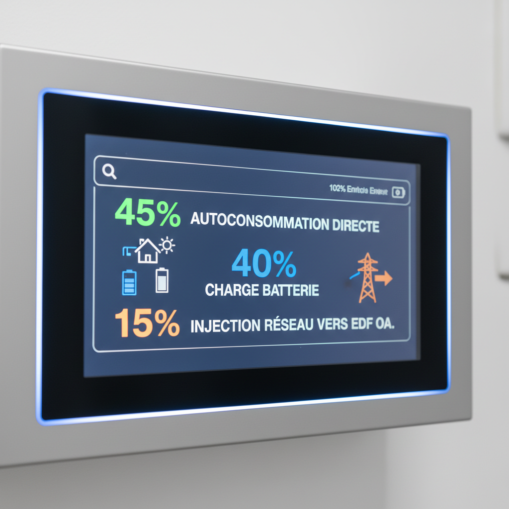 Gros plan technique sur un tableau électrique intelligent de 2026 affichant un écran tactile LCD. On y voit la répartition de l'énergie en temps réel : 45% autoconsommation directe, 40% charge batterie et 15% injection réseau vers EDF OA.