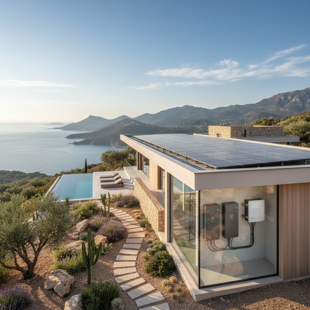 Vue panoramique d'une villa d'architecte à flanc de colline en Corse, équipée d'une toiture solaire intégrée et d'un local technique vitré laissant apparaître deux batteries murales élégantes reliées à un onduleur hybride de dernière génération.