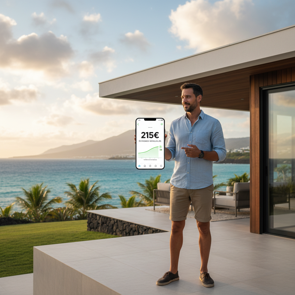 Un propriétaire à la Réunion consultant son smartphone devant sa villa. L'écran de l'application affiche des économies mensuelles de 215€ et une courbe de charge de batterie stable, avec la mer en arrière-plan.