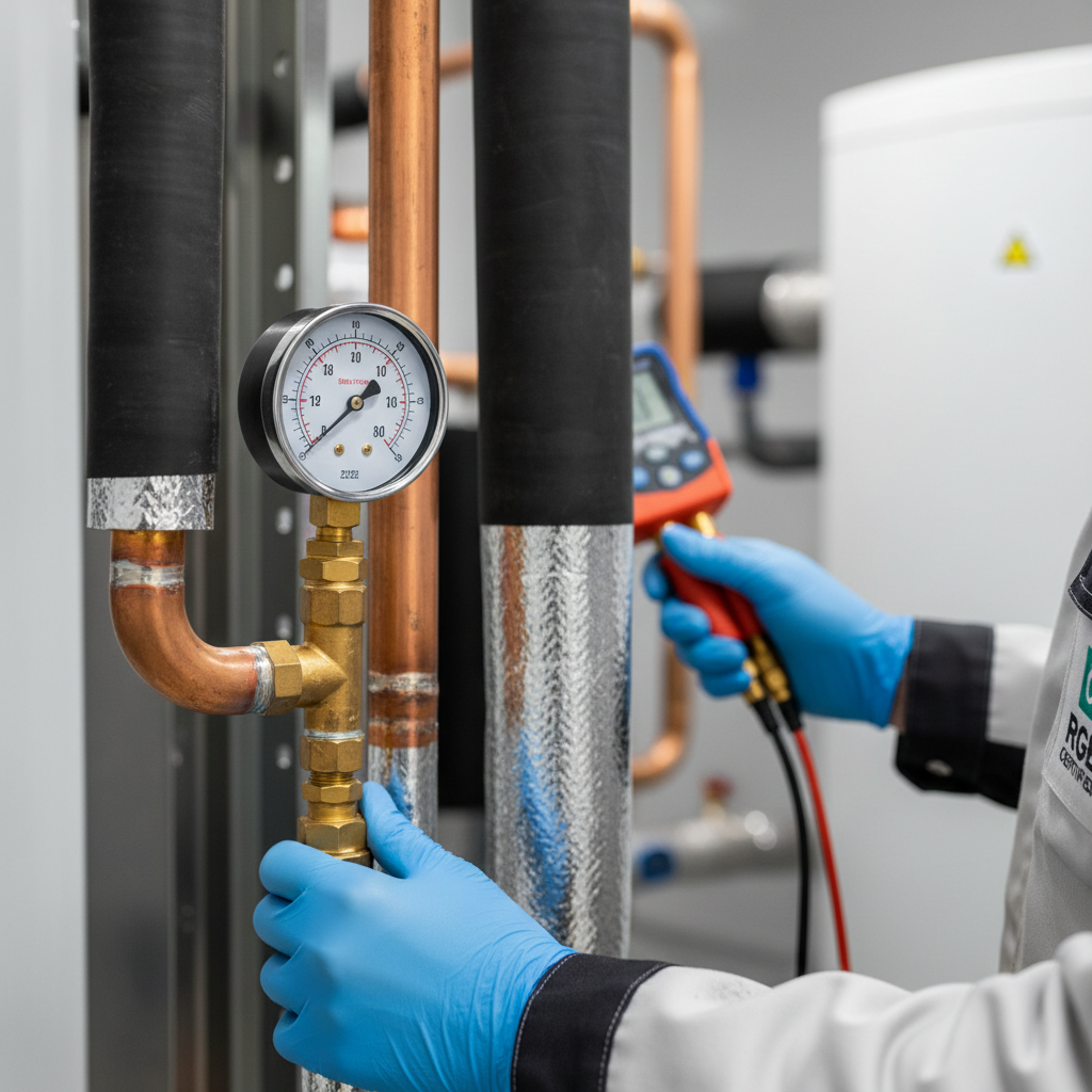 Gros plan technique sur un manomètre et les soudures de haute précision en cuivre d'une installation de pompe à chaleur en cours de mise en service par un technicien certifié RGE en 2026. On distingue la qualité des composants et l'isolation thermique renforcée des liaisons frigorifiques.