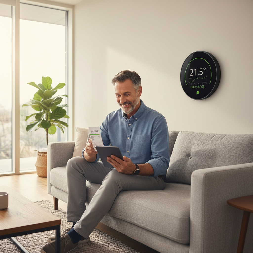 Un propriétaire de maison individuelle dans la cinquantaine, souriant, consultant sa facture d'énergie sur une tablette dans son salon lumineux. À côté de lui, un thermostat intelligent de dernière génération affiche une température stable et une consommation minimale, symbolisant la sérénité retrouvée.