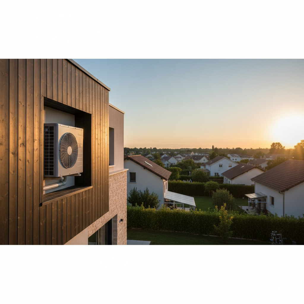 Une vue panoramique montrant une maison individuelle moderne en France métropolitaine, avec un zoom sur l'unité extérieure d'une pompe à chaleur discrètement intégrée à la façade, contrastant avec l'arrière-plan d'un quartier pavillonnaire sous une lumière de fin de journée. L'image illustre la transition énergétique urbaine avec clarté et professionnalisme.