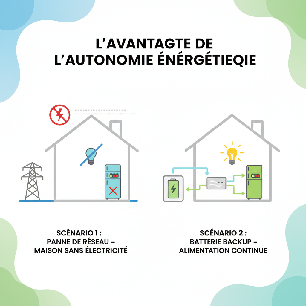 Infographie épurée montrant deux scénarios : à gauche, une maison connectée au réseau qui s'éteint lors d'une panne ; à droite, une maison avec batterie backup isolée du réseau qui continue d'alimenter le réfrigérateur et les lampes, flèches d'énergie colorées, style professionnel minimaliste.