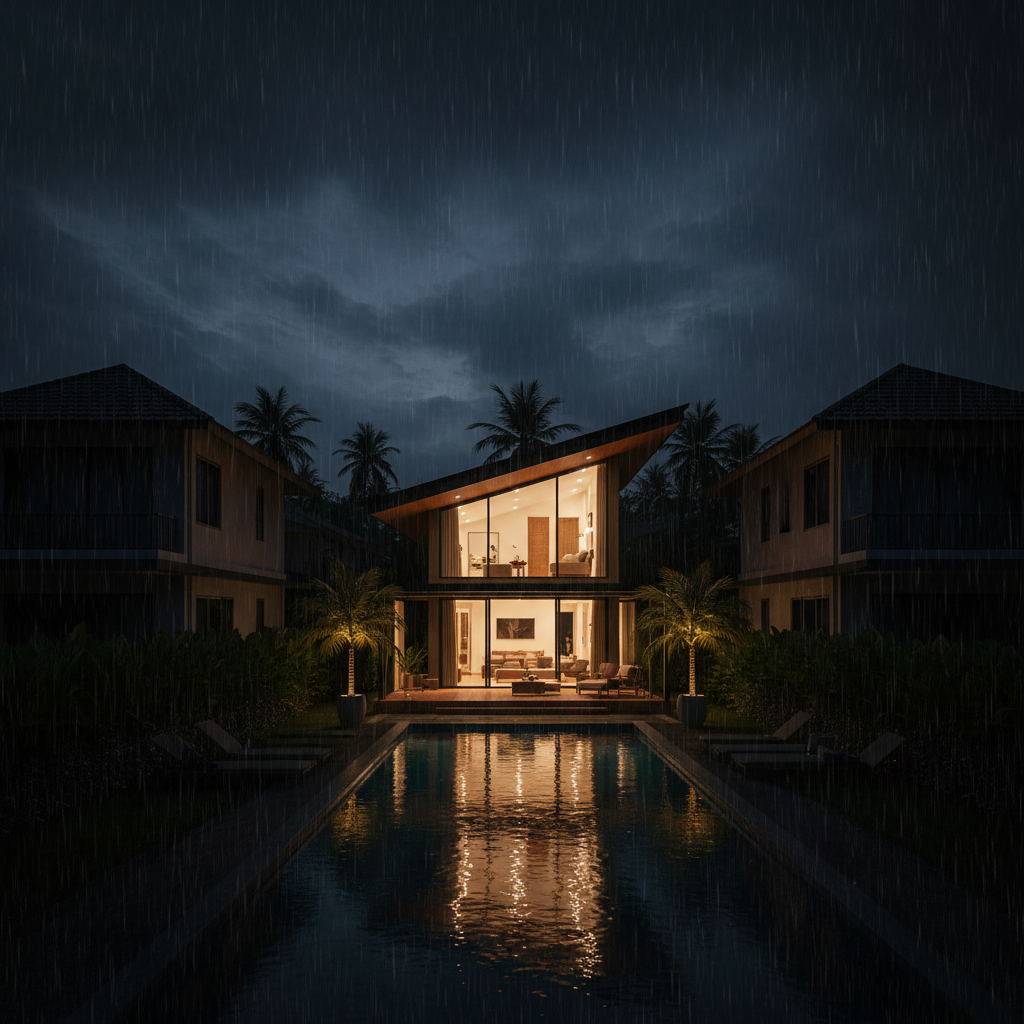 Vue nocturne d'un quartier résidentiel tropical sous une pluie battante où toutes les maisons sont sombres, sauf une villa moderne dont les lumières intérieures et la terrasse sont chaleureusement éclairées, montrant la continuité de service grâce au backup solaire, style photographie éditoriale contrastée, grand angle.