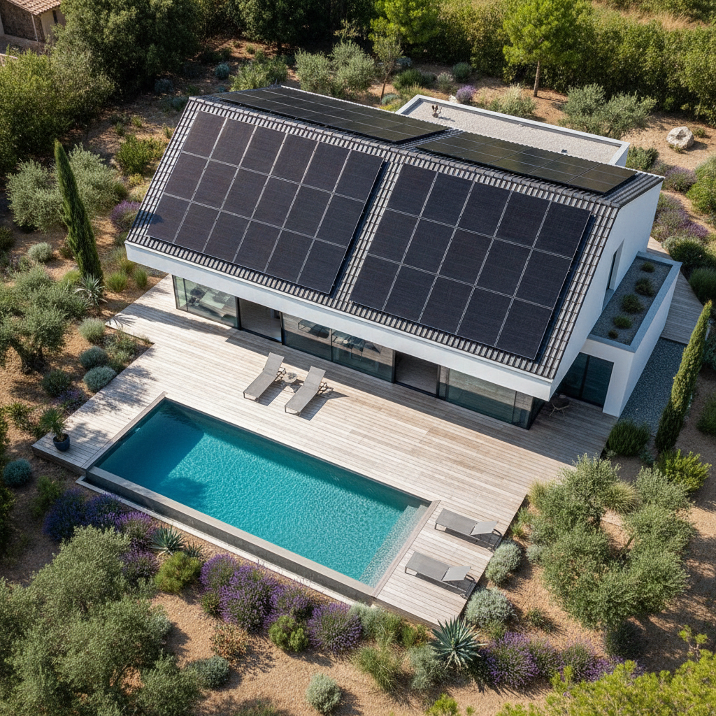 Vue aérienne en drone d'une maison moderne avec deux pans de toiture couverts de 16 panneaux solaires full-black élégants, intégrés parfaitement aux tuiles foncées. Le soleil de midi reflète une lumière douce, entourée d'un jardin méditerranéen avec piscine. Style photographie architecturale haut de gamme.