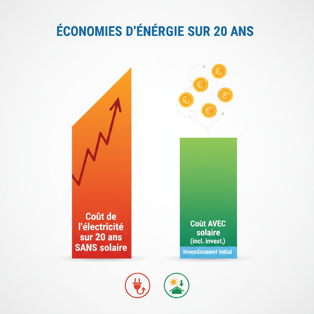 Une infographie propre avec deux barres verticales : la première montre le coût de l'électricité sur 20 ans sans solaire (montante et rouge), la seconde montre le coût avec solaire (basse et verte, incluant l'investissement initial). Des icônes de pièces de monnaie flottent au-dessus de la barre verte. Style flat design professionnel.