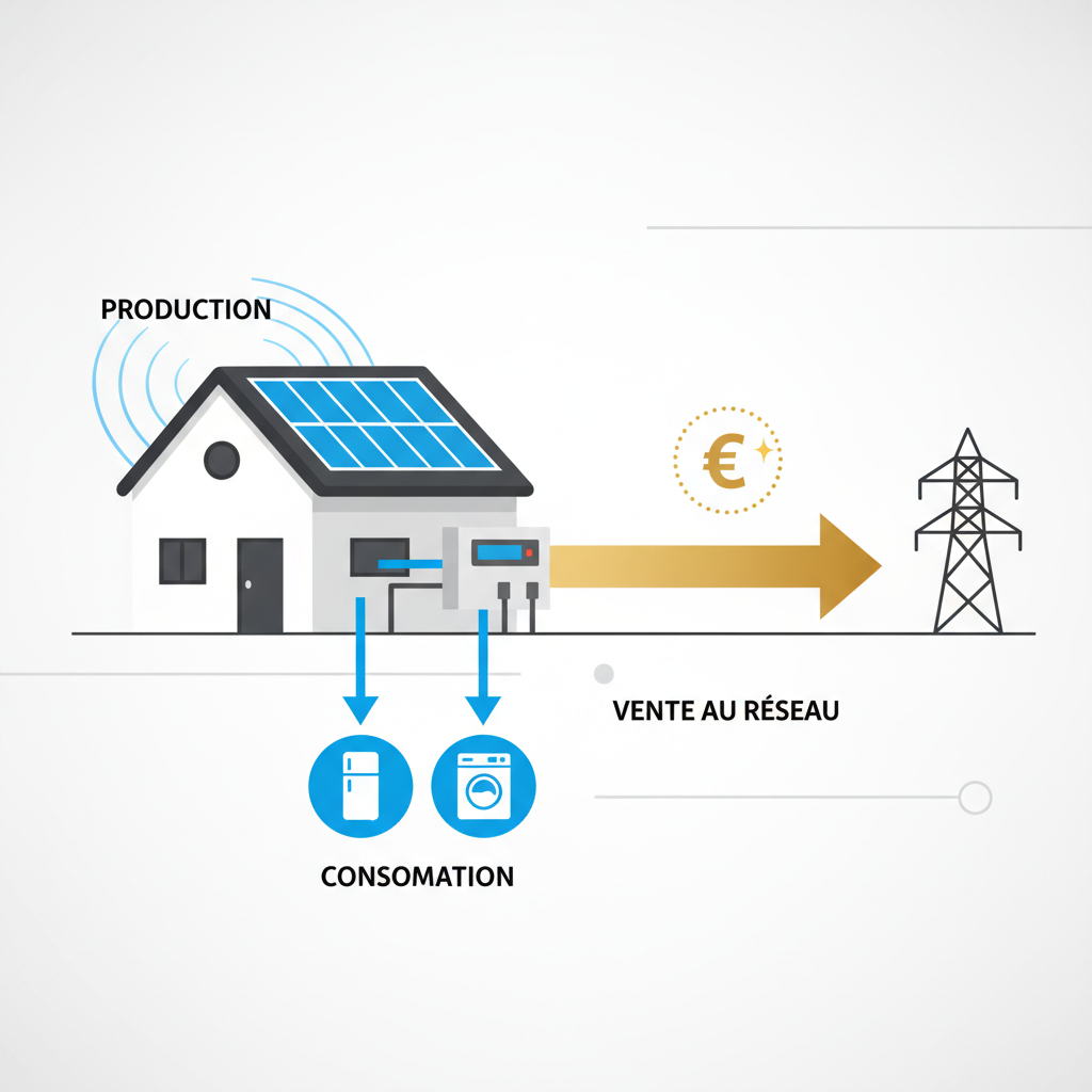 Le circuit de la rentabilité : Autoconsommation + Vente Infographie montrant la répartition entre autoconsommation directe et vente du surplus pour maximiser la rentabilité